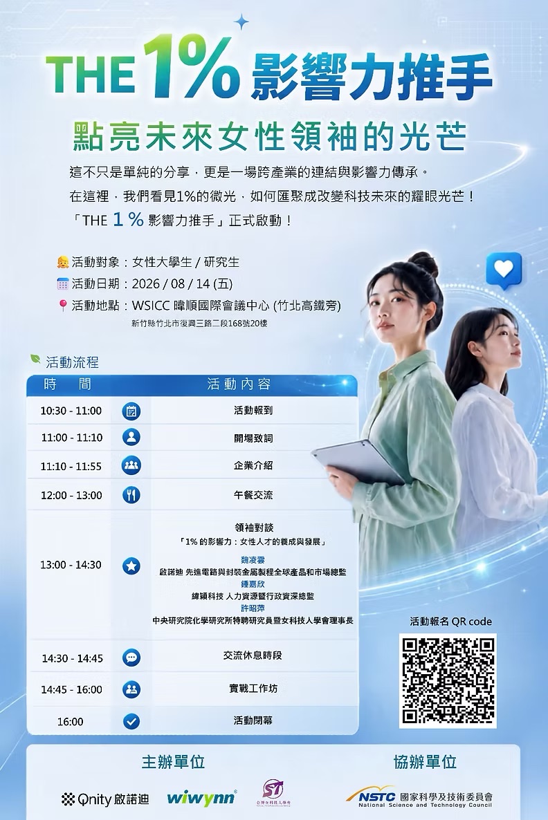 【報名中】The 1% 影響力推手｜ 走近科技產業現場，看見女性人才的未來可能